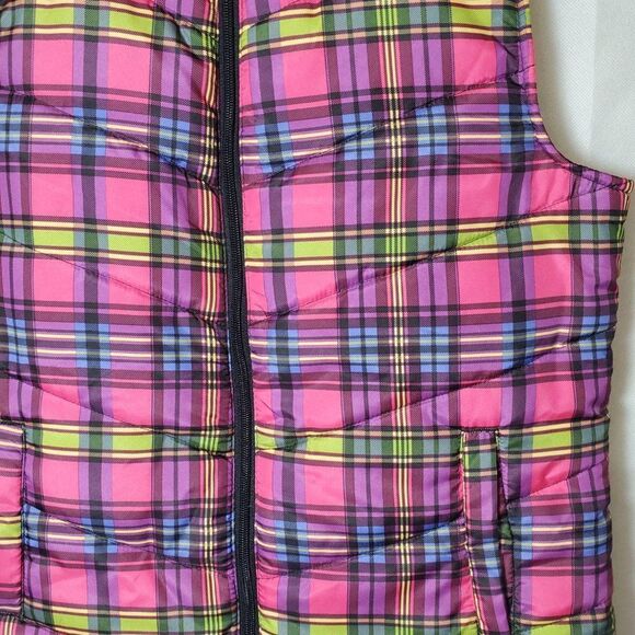 Caribbean Joe Petite Retro Rainbow Plaid Funky Colorful Women's Neon Puffer Vest - Picture 3 of 7